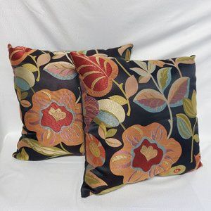 Set of 2 Accent Pillows - Floral on Black Backgrou